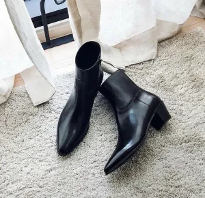 Black Leather Fiorina Slip On Zipper Pointed Boots for Men - Boots