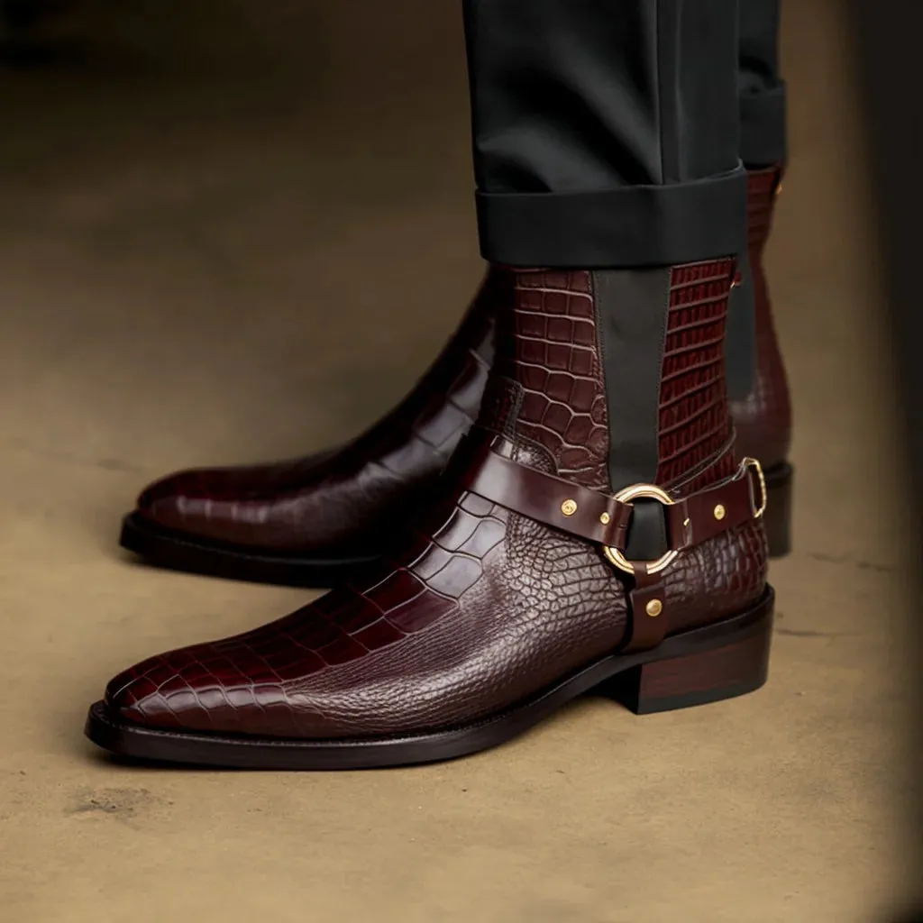 Burgundy Brown Crocodile Print Leather Danton Slip On Harness Chelsea Boots for Men -Boots
