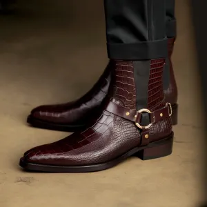 Burgundy Brown Crocodile Print Leather Danton Slip On Harness Chelsea Boots for Men -Boots