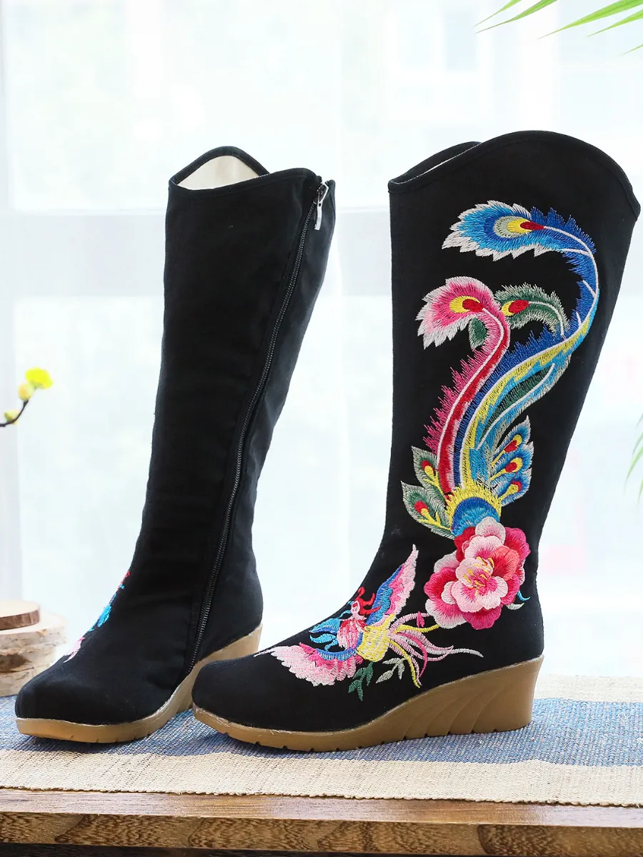 Embroidered Phoenix Long Boots - Black