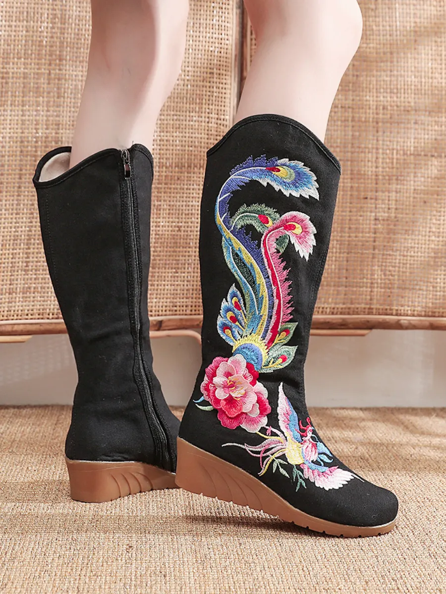 Embroidered Phoenix Long Boots - Black