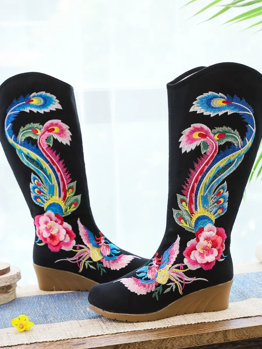 Embroidered Phoenix Long Boots - Black