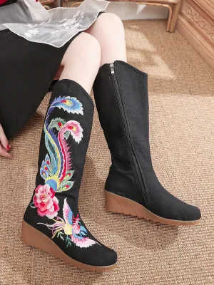 Embroidered Phoenix Long Boots - Black