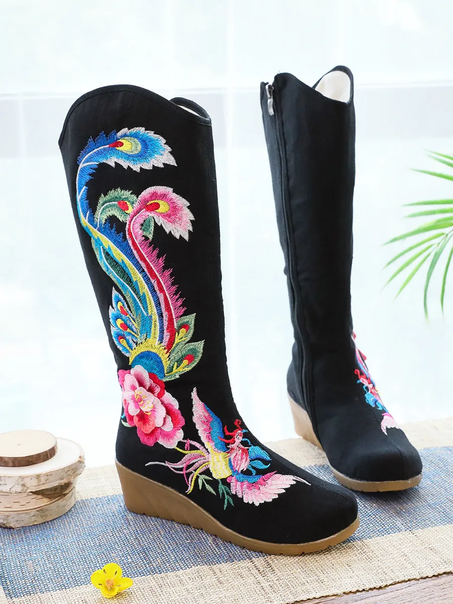 Embroidered Phoenix Long Boots - Black