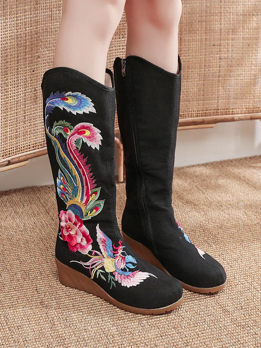 Embroidered Phoenix Long Boots - Black