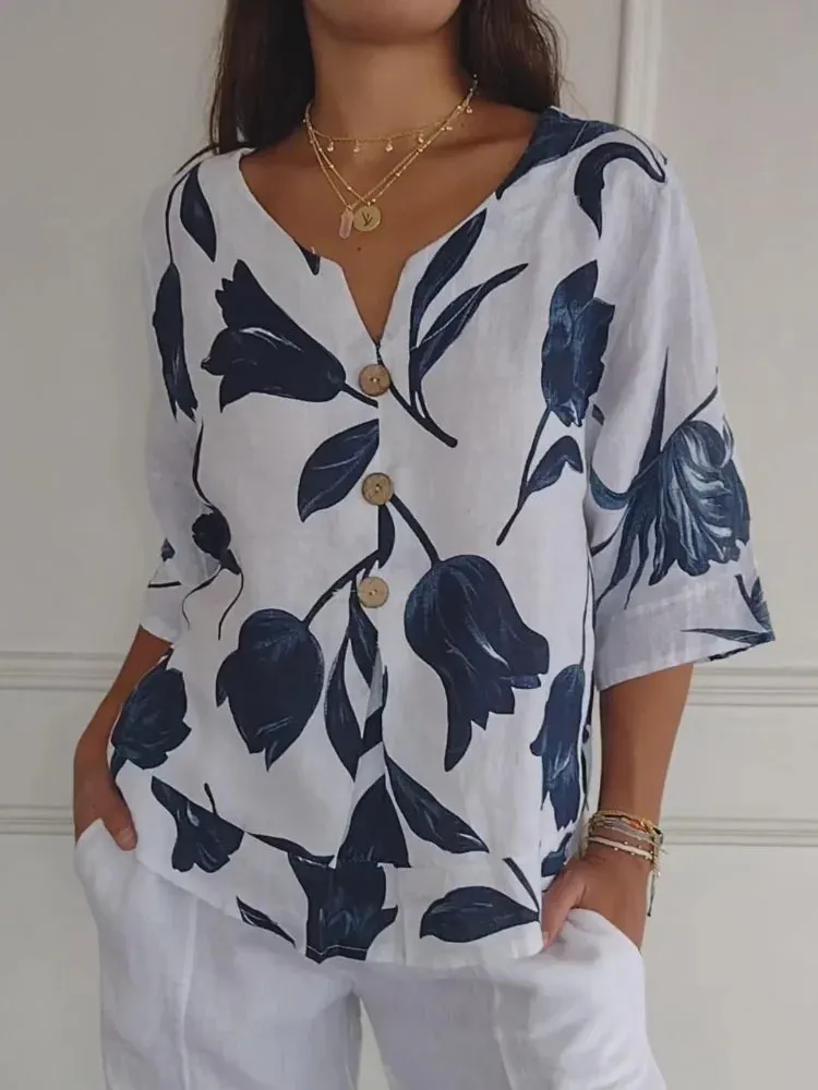 Floral Button-Down Top with Relaxed Fit