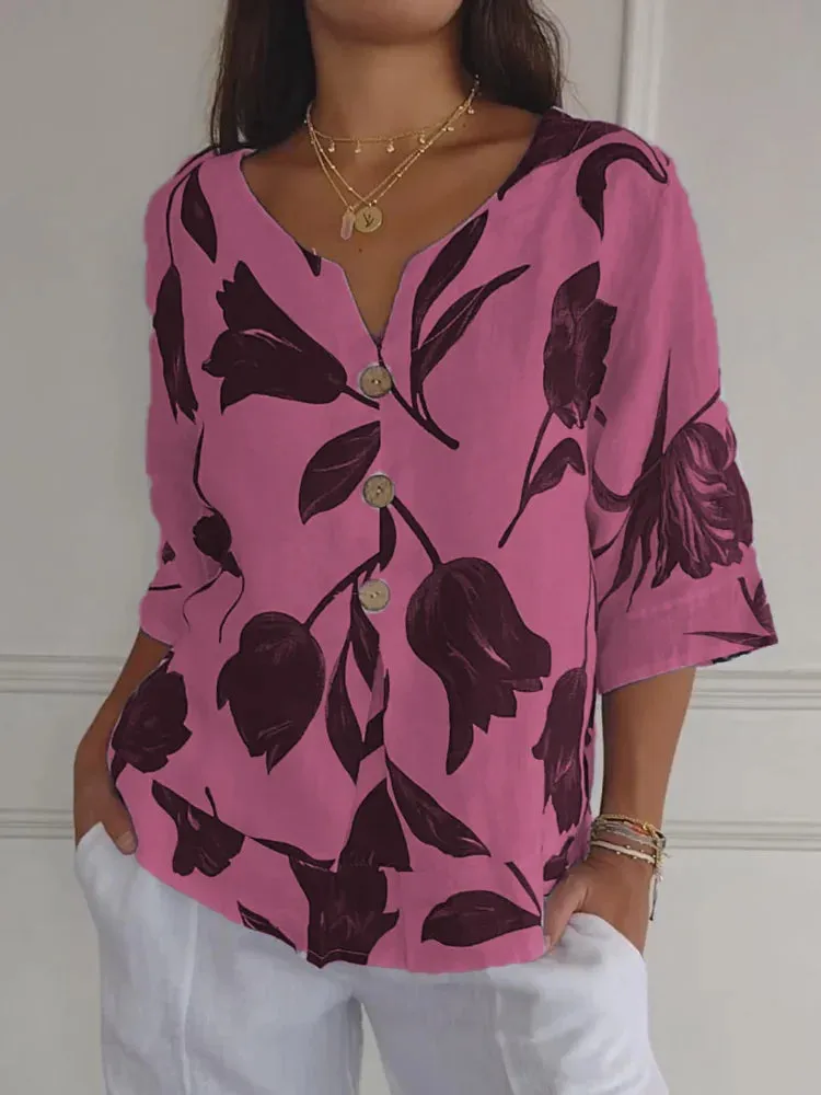 Floral Button-Down Top with Relaxed Fit