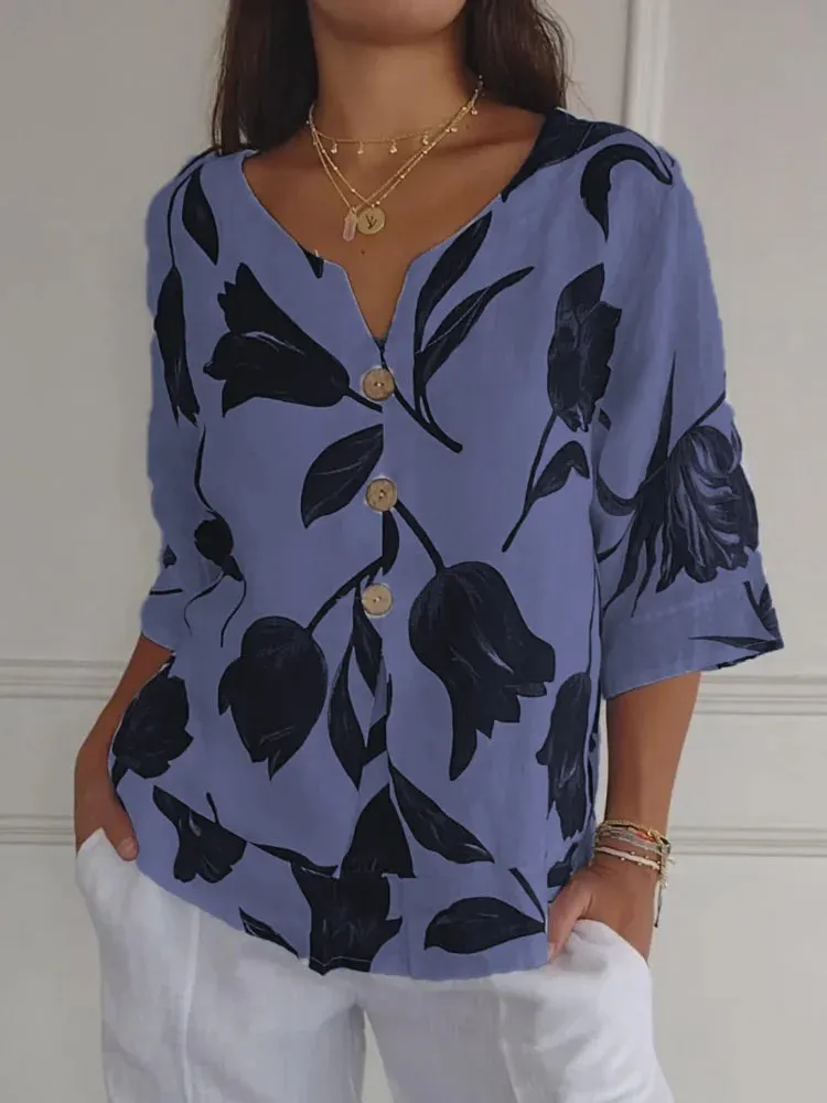 Floral Button-Down Top with Relaxed Fit