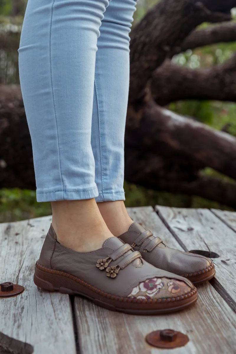 Floral Embroidered Leather Loafer - Grey