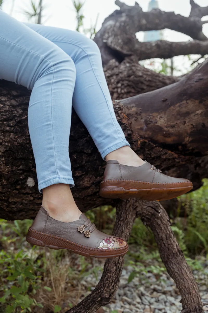 Floral Embroidered Leather Loafer - Grey