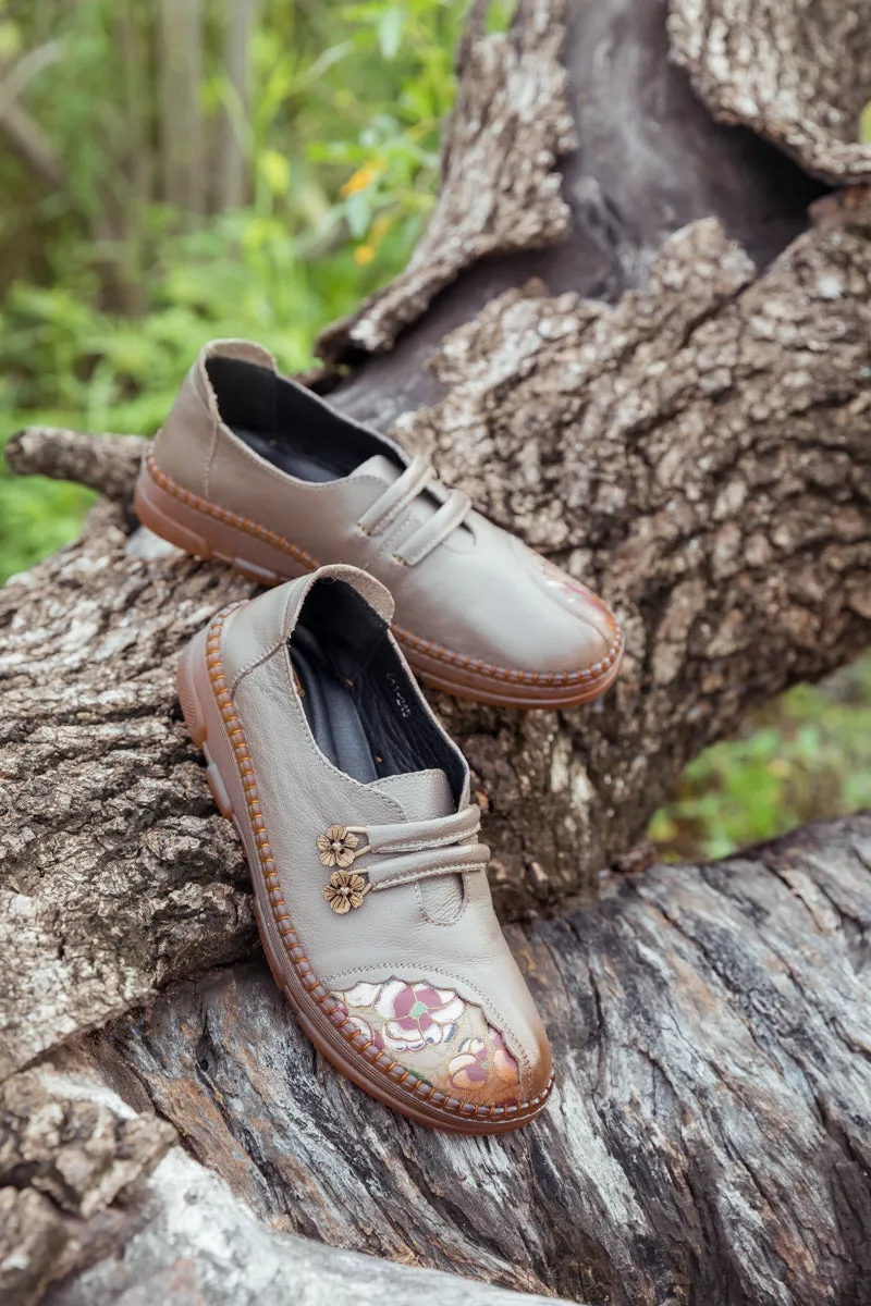 Floral Embroidered Leather Loafer - Grey