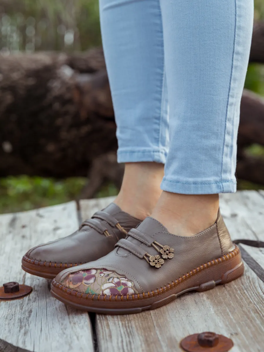 Floral Embroidered Leather Loafer - Grey