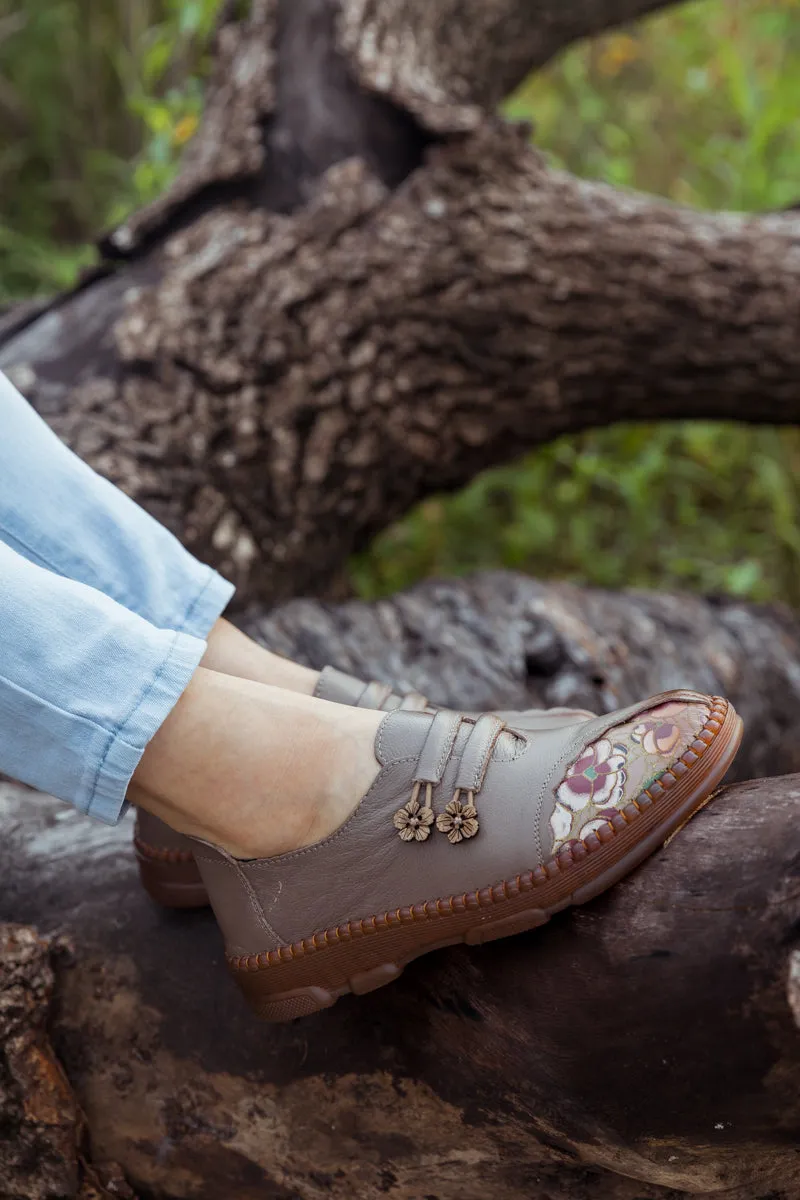 Floral Embroidered Leather Loafer - Grey