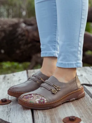 Floral Embroidered Leather Loafer - Grey