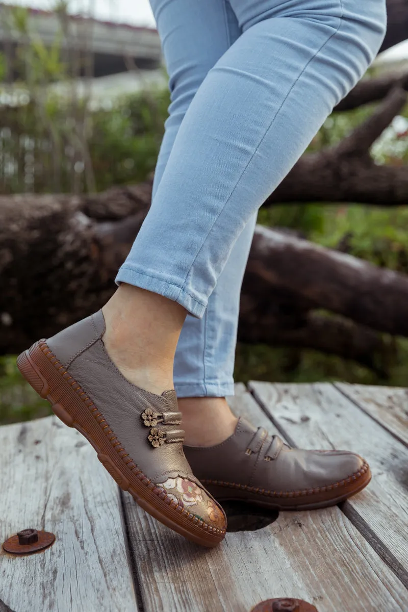 Floral Embroidered Leather Loafer - Grey
