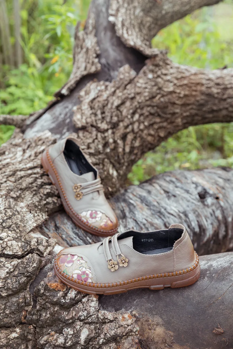 Floral Embroidered Leather Loafer - Grey