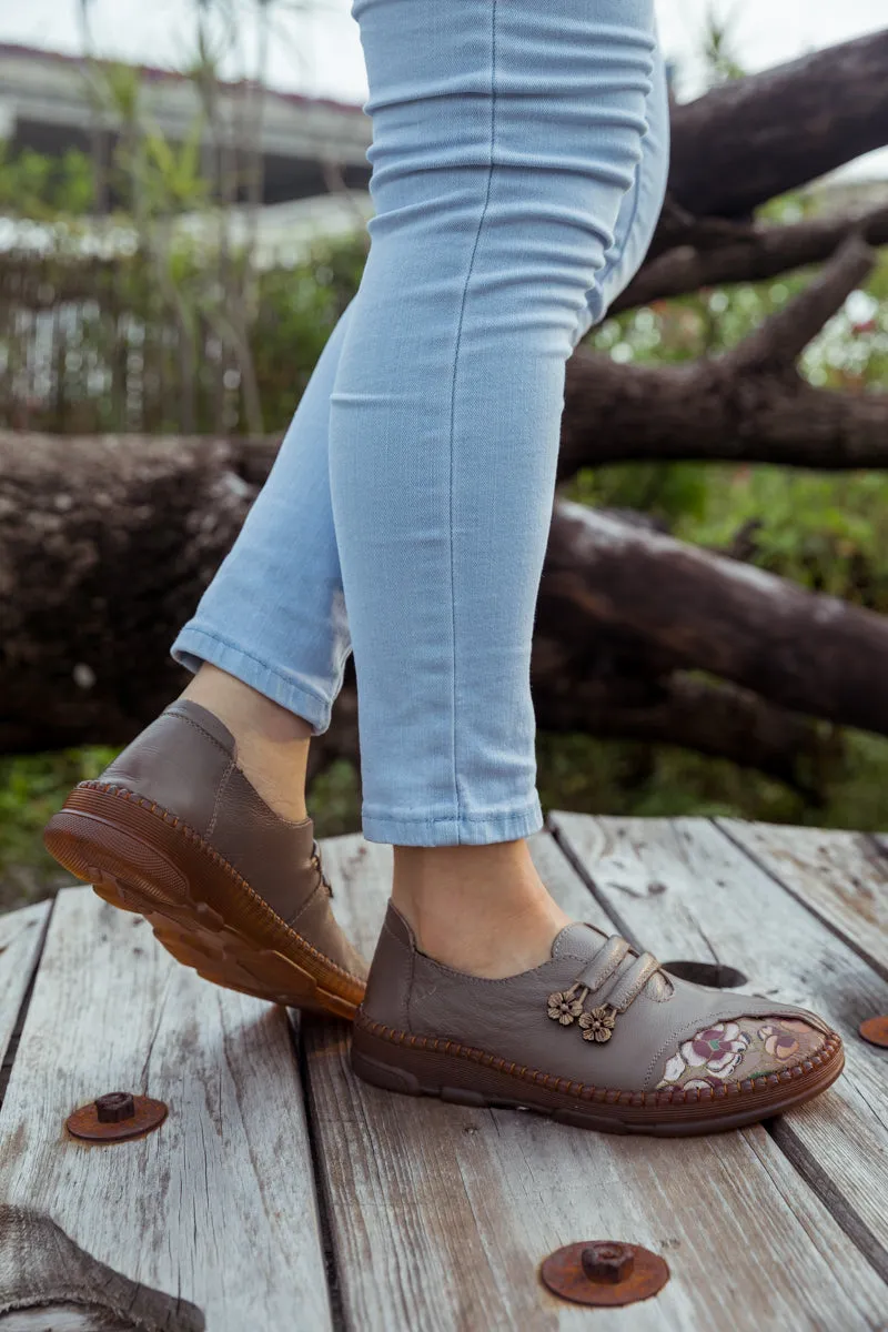 Floral Embroidered Leather Loafer - Grey