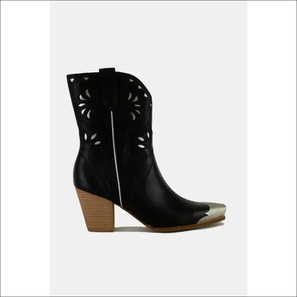 Floral Embroidery Cut-Out Boots with Metallic Toe