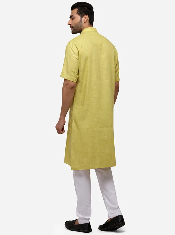 Light Green Self Textured Regular Fit Modi Kurta | JadeBlue