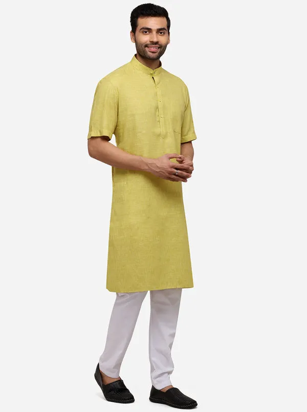 Light Green Self Textured Regular Fit Modi Kurta | JadeBlue