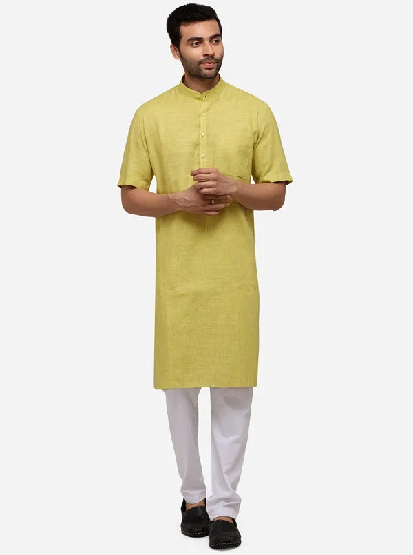 Light Green Self Textured Regular Fit Modi Kurta | JadeBlue