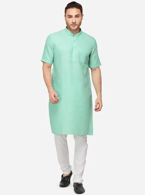 Light Green Self Textured Regular Fit Modi Kurta | JadeBlue