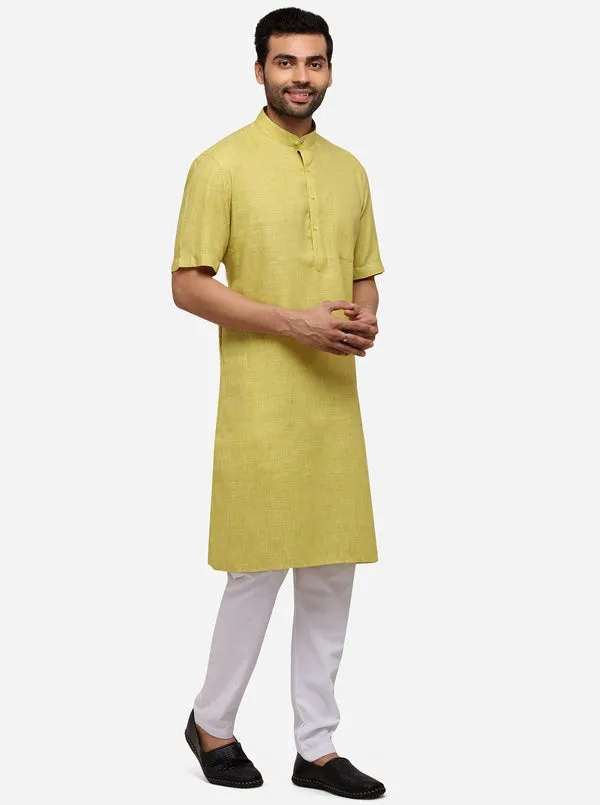 Light Green Self Textured Regular Fit Modi Kurta | JadeBlue