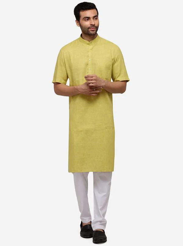 Light Green Self Textured Regular Fit Modi Kurta | JadeBlue