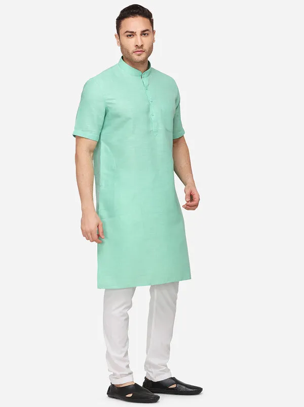 Light Green Self Textured Regular Fit Modi Kurta | JadeBlue