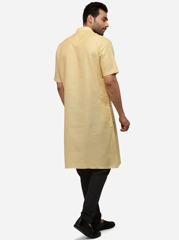 Light Yellow Self Textured Regular Fit Modi Kurta | JadeBlue