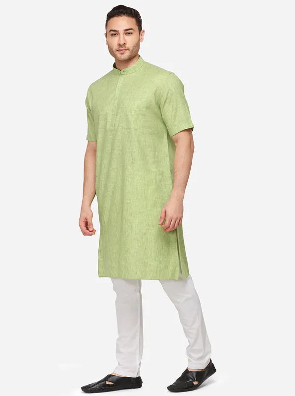 Pastel Green Self Textured Regular Fit Modi Kurta | JadeBlue