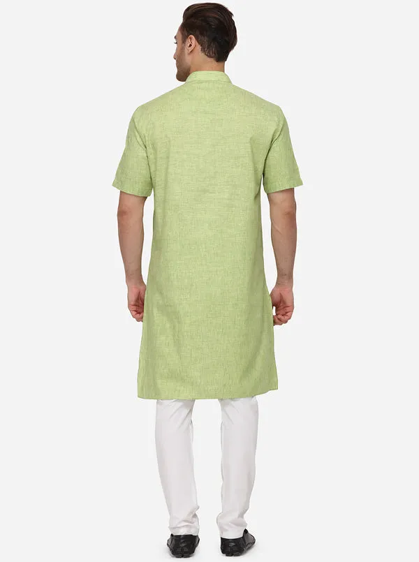 Pastel Green Self Textured Regular Fit Modi Kurta | JadeBlue