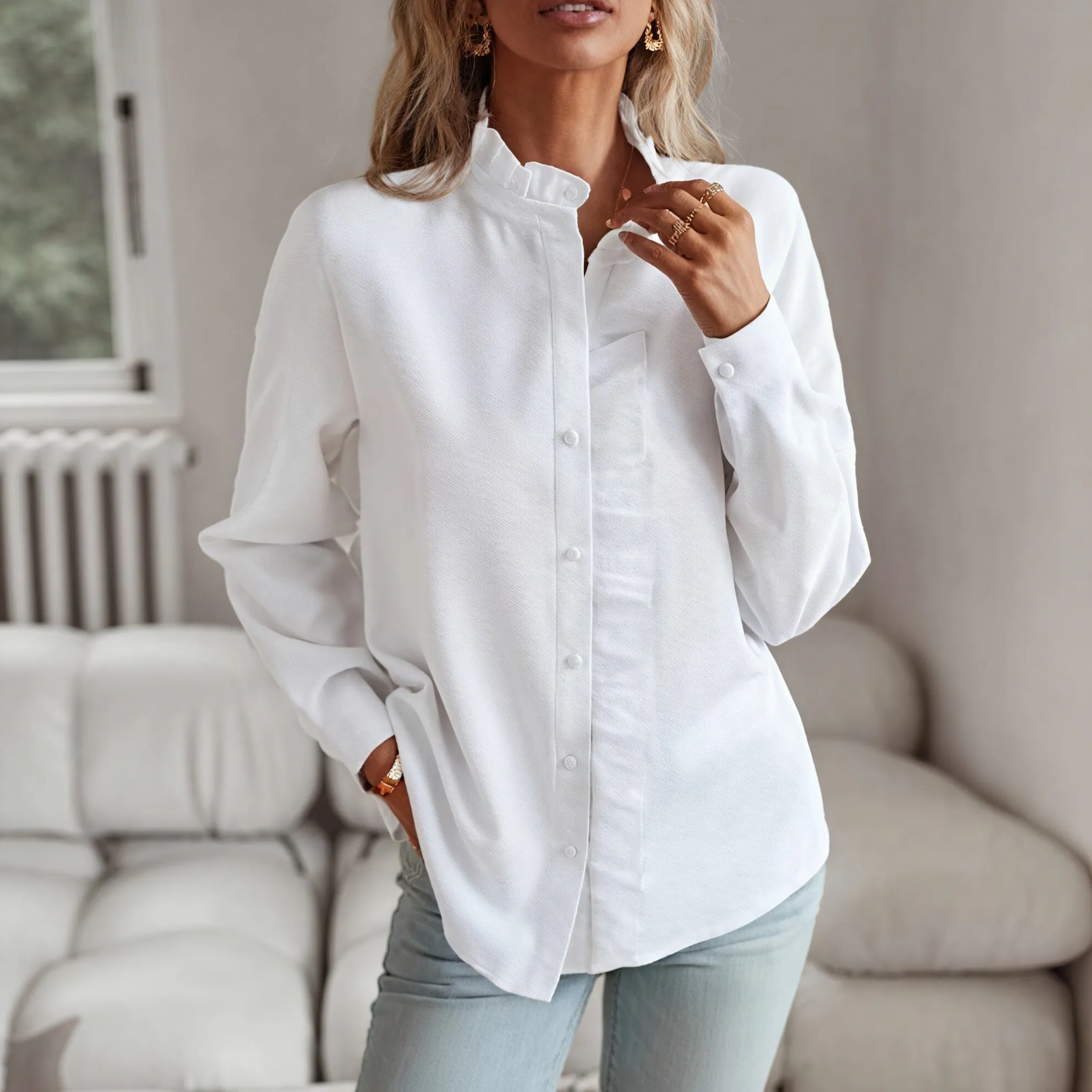 Ruffled Button-Up Blouse: Chic & Textured