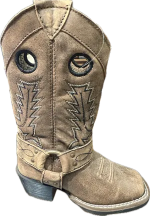 Smoky Mountain Children's Distressed Brown Square Toe Boots with Buckle Strap