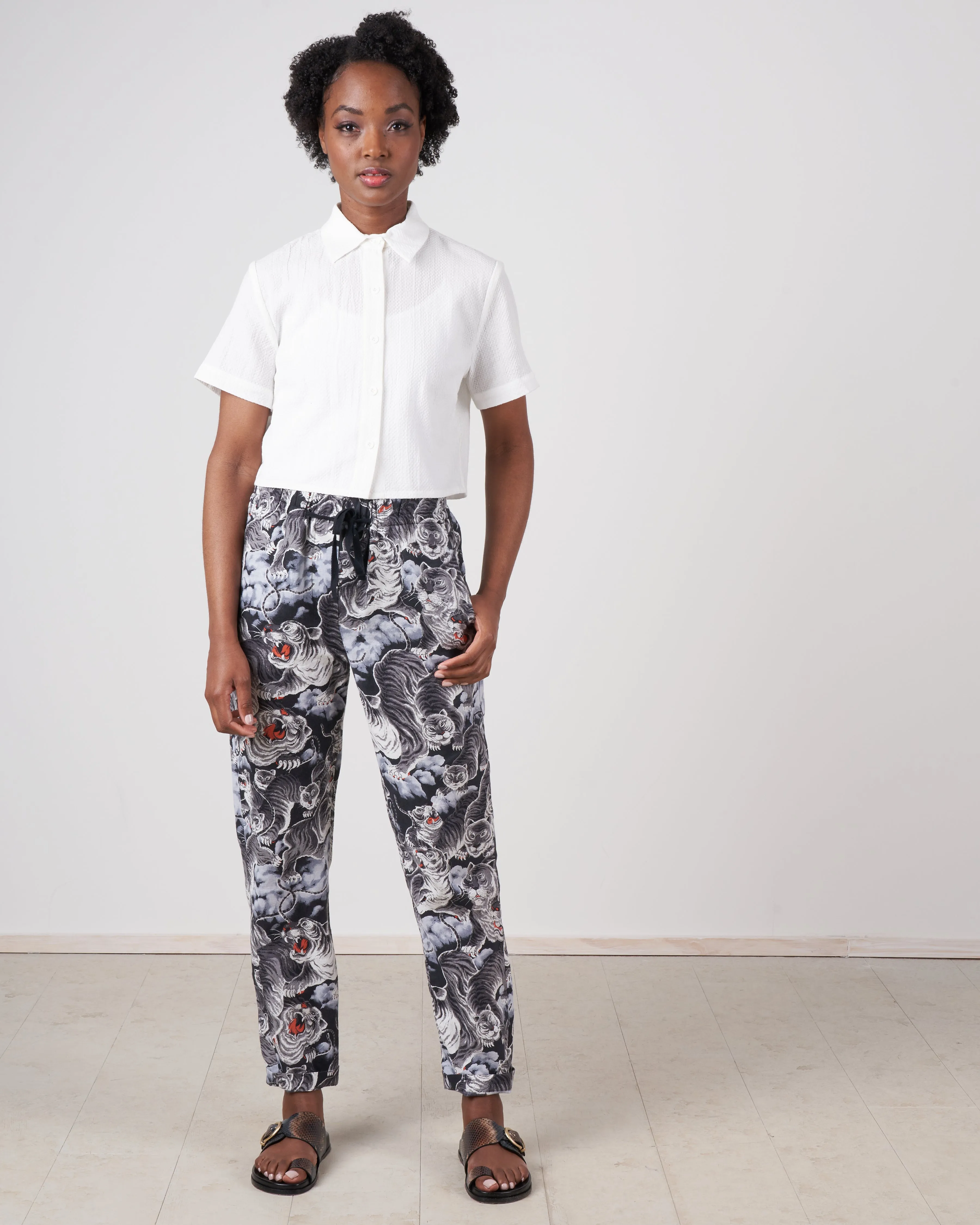 textured cropped button down - off white