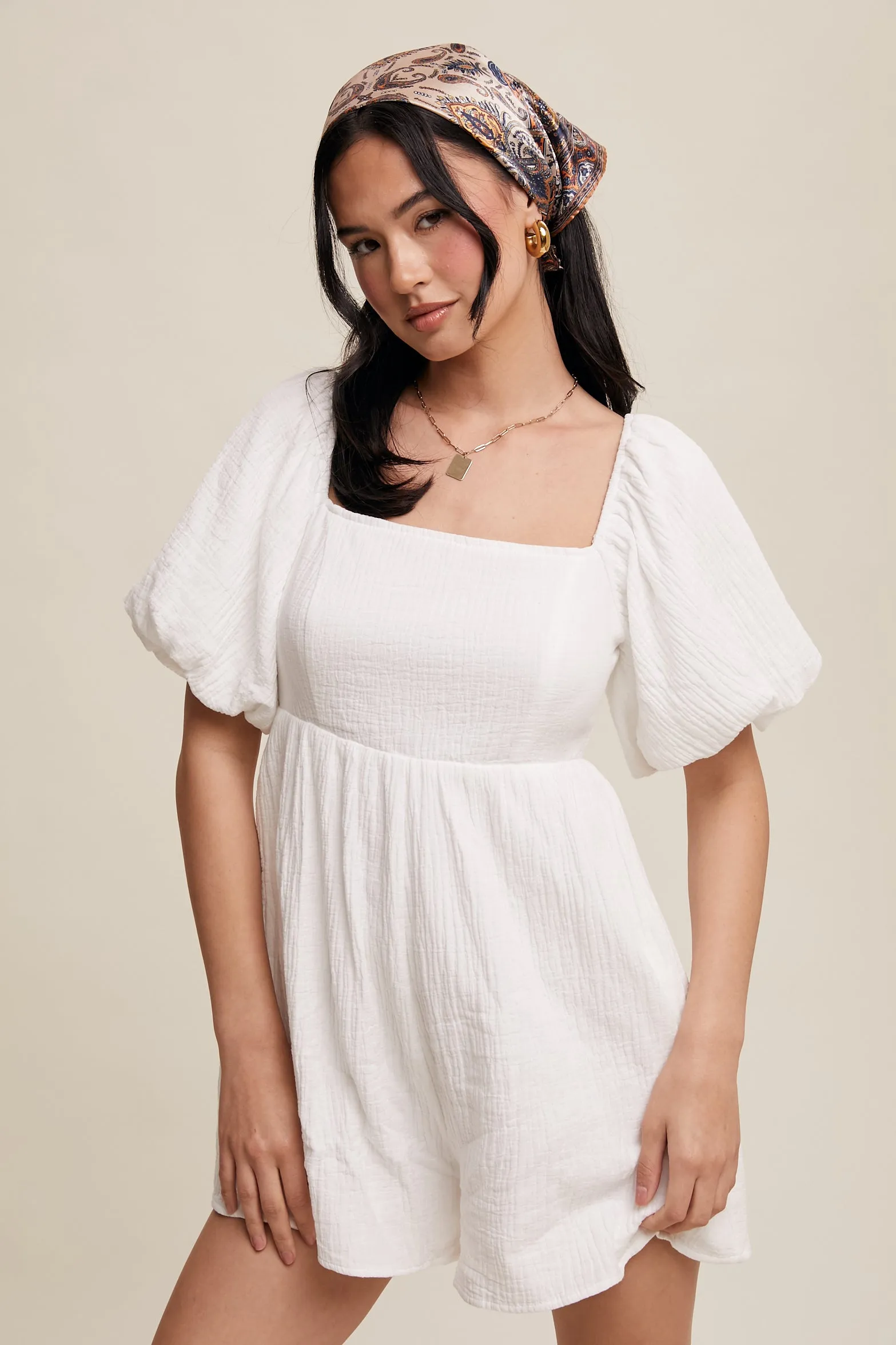 Textured Puff-Sleeve Romper