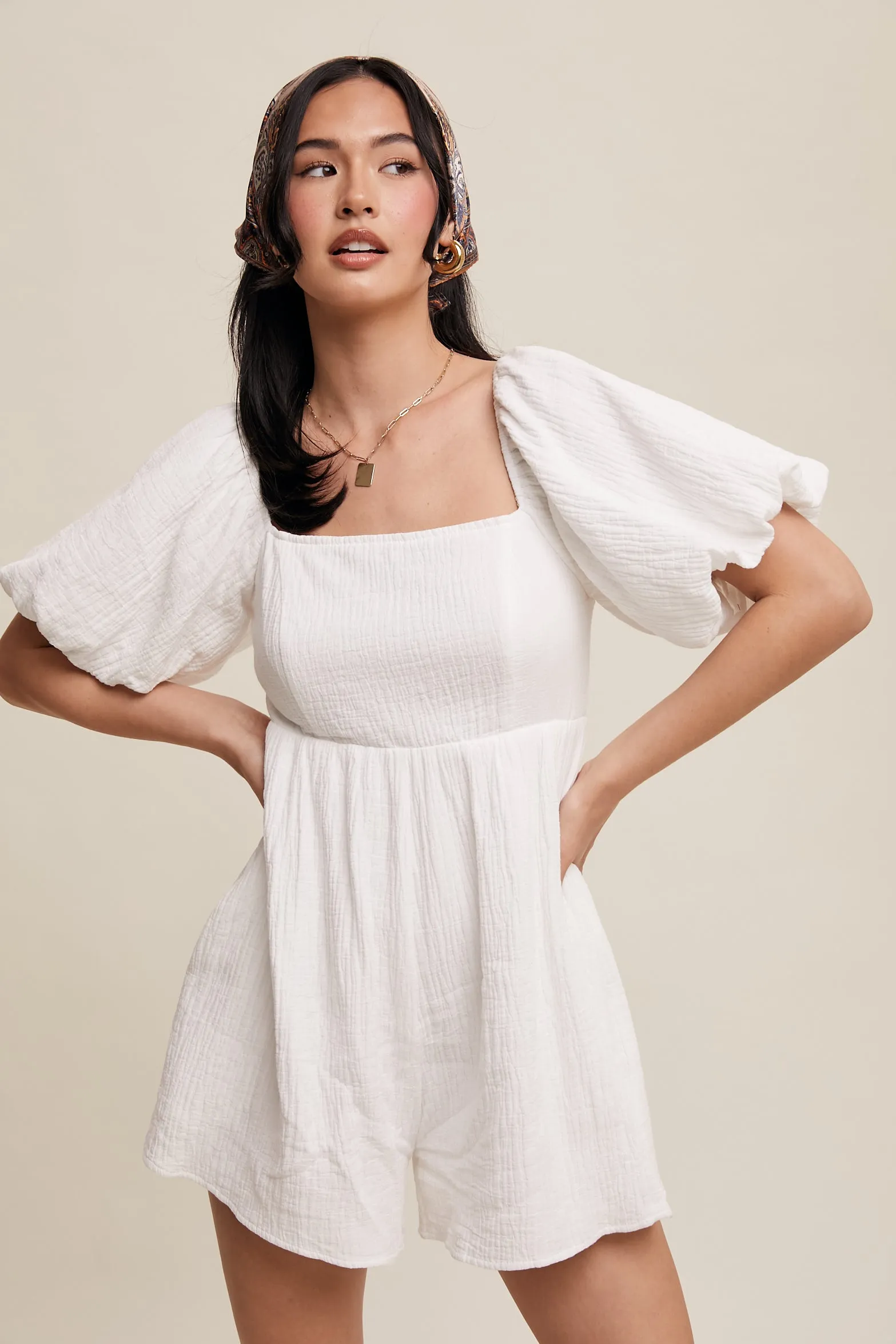 Textured Puff-Sleeve Romper