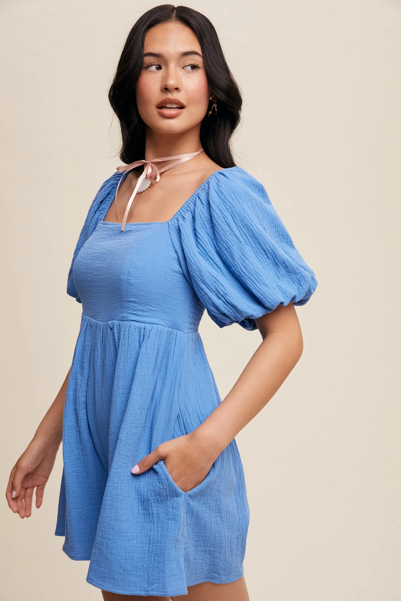 Textured Puff-Sleeve Romper
