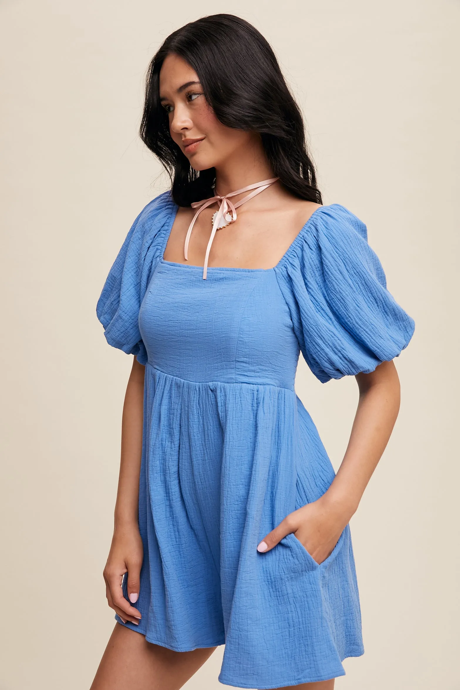 Textured Puff-Sleeve Romper