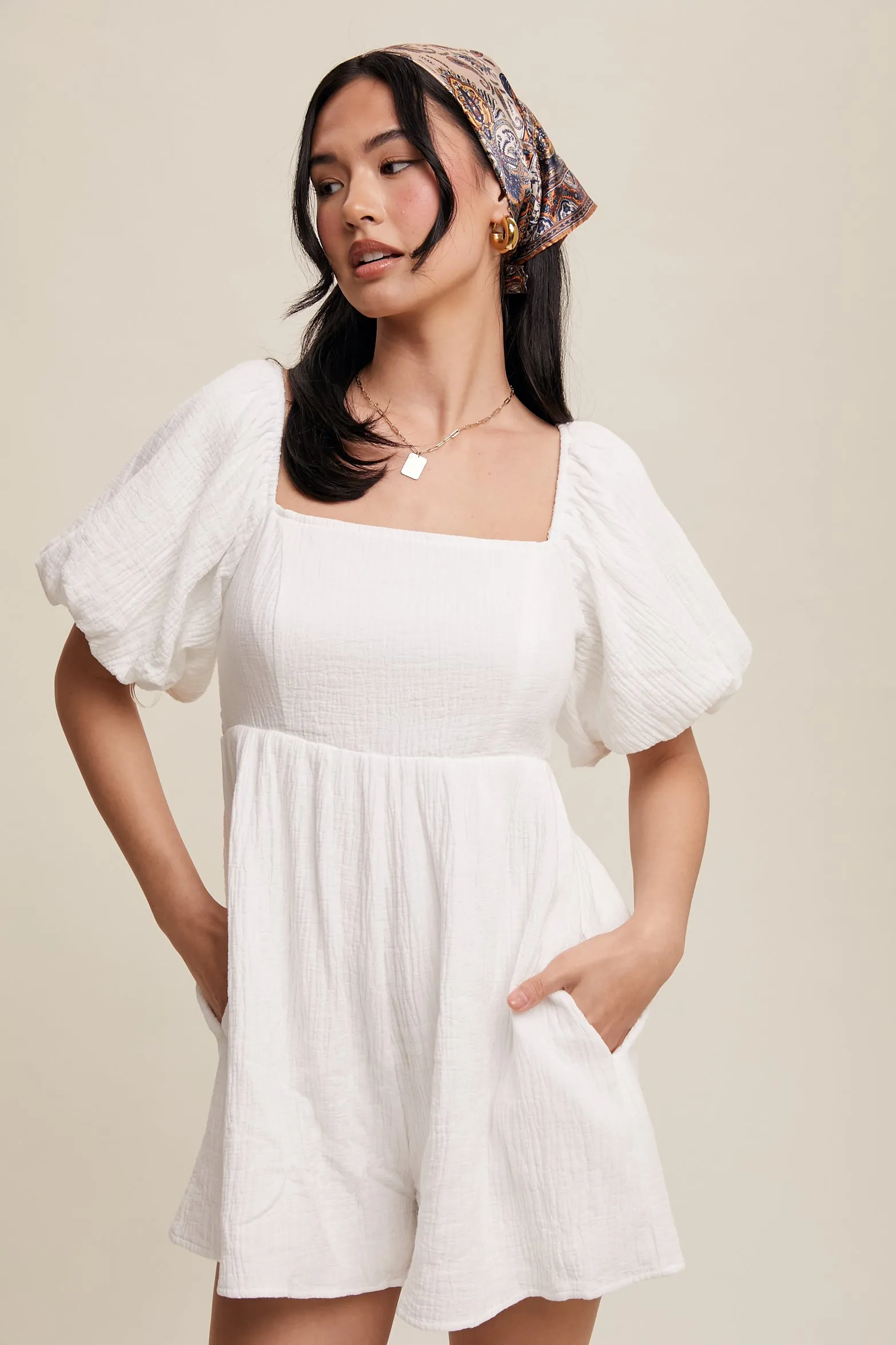 Textured Puff-Sleeve Romper