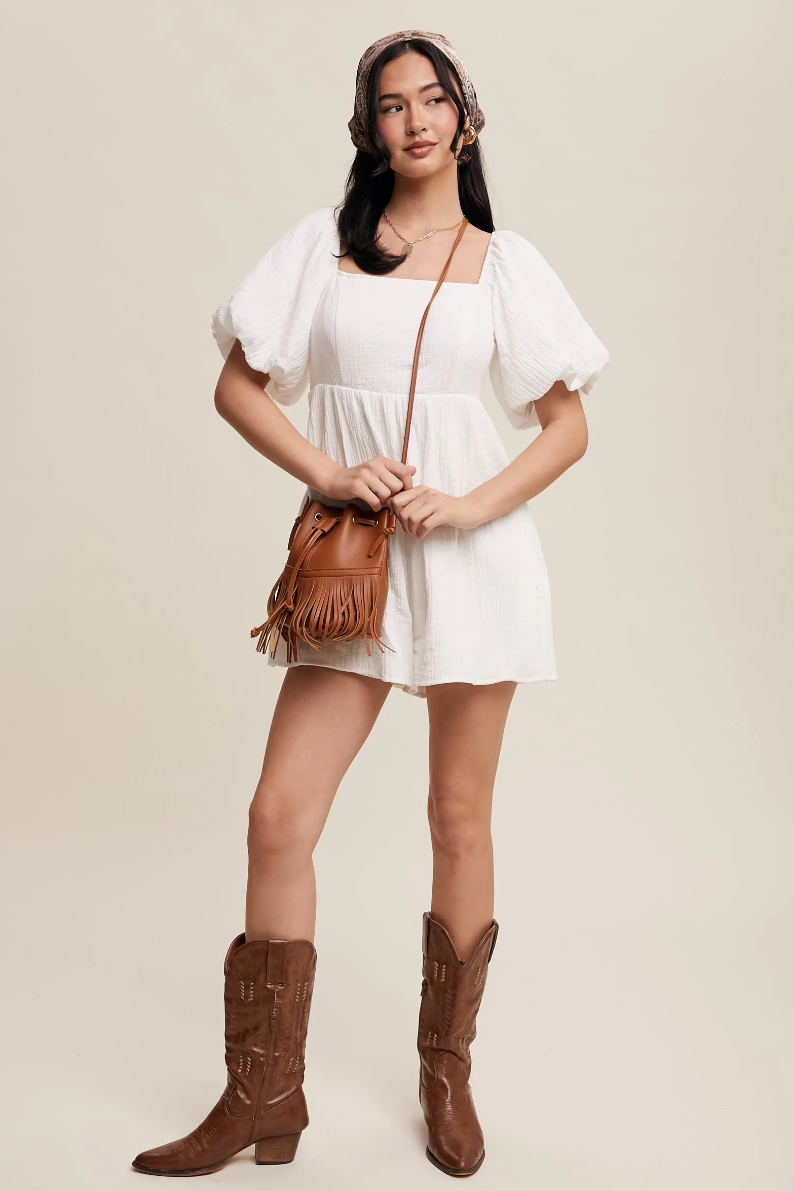 Textured Puff-Sleeve Romper