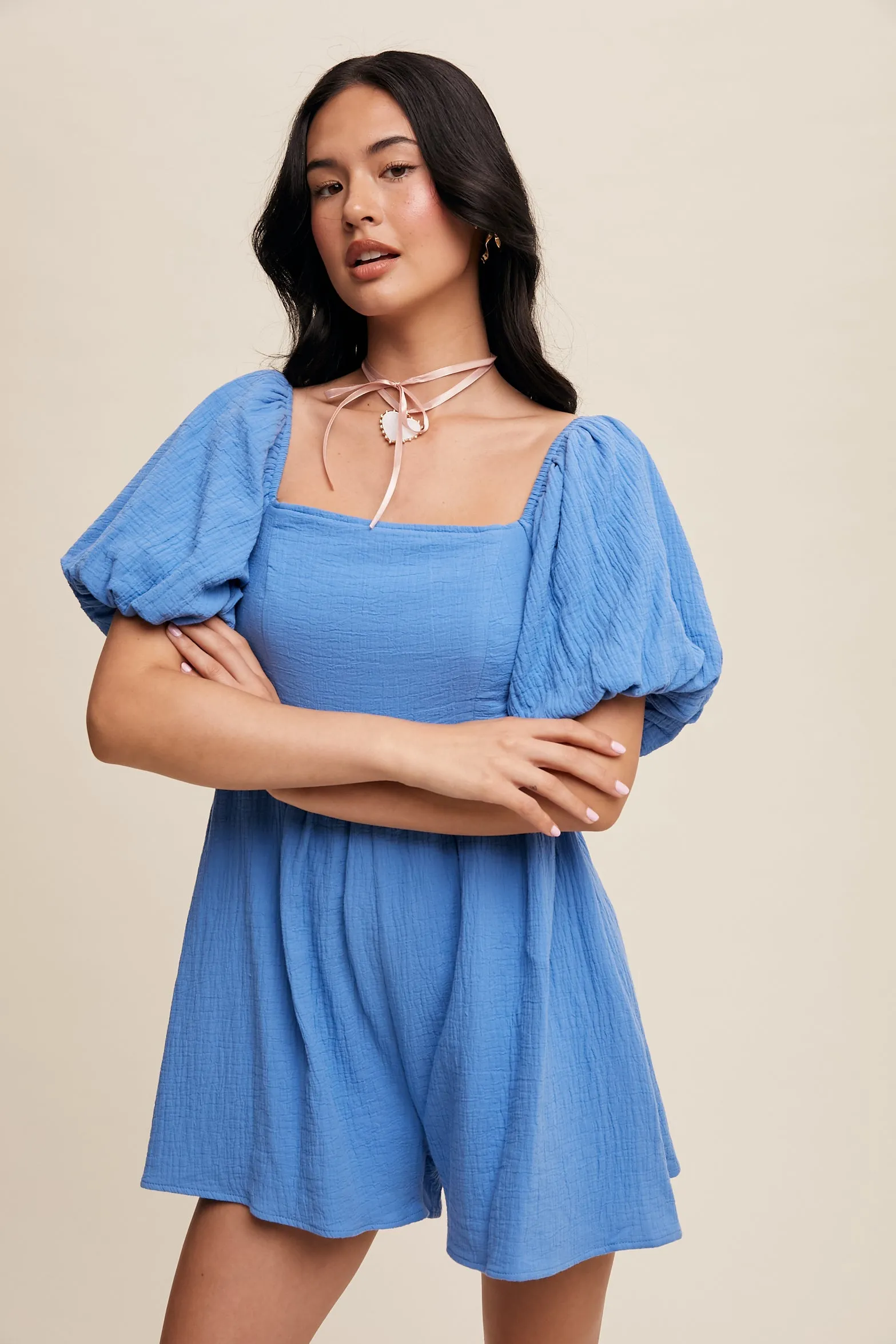 Textured Puff-Sleeve Romper