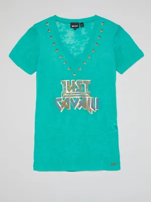Turquoise Embellished V-Neck T-Shirt
