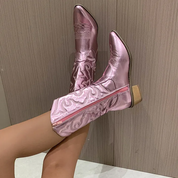 Women's Fashionable Knee-High Zippered Cowboy Boots