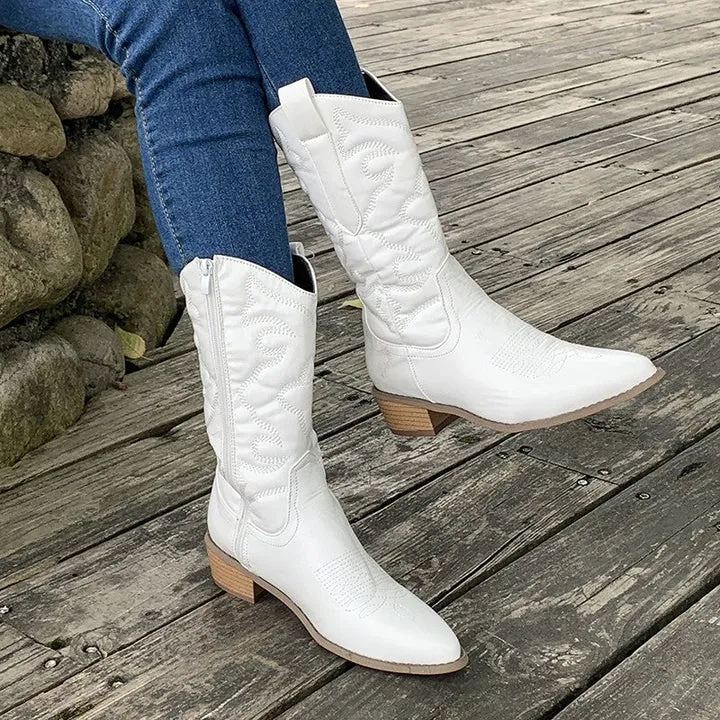 Women's Fashionable Knee-High Zippered Cowboy Boots
