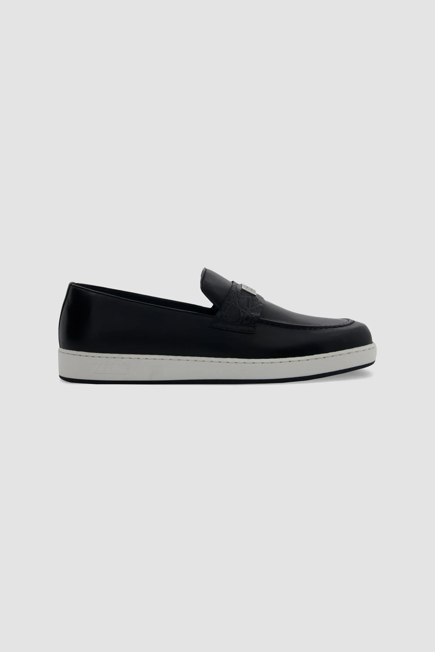 Zilli Black Metal Plate Loafers with Caiman accents