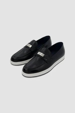 Zilli Black Metal Plate Loafers with Caiman accents